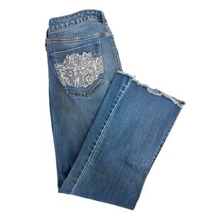 Vintage America Demi Bootcut Jeans Womens 6/28 Blue Embroidered Raw Hem Flare‎